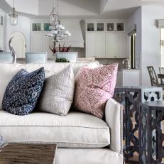 Transitional Open Plan Family Room With Colorful Custom Pillows