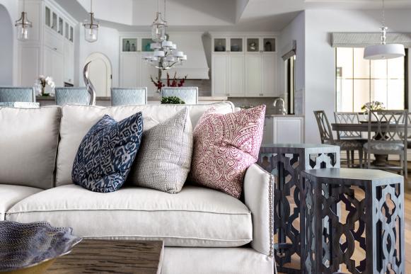 Neutral Living Room With Colorful Pillows and Brown End Tables