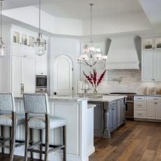 Gray and White Transitional Kitchen With Wide Plank Hardwood Floors
