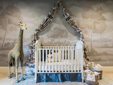 Inspired by Peter Rabbit, this boy's nursery is full of elegant custom touches. Designer Stephanie Avila used teal in the curtains and rug to liven up the neutral palette, with a custom mural dressing up the wall behind the crib. The drapery over the crib adds a classic touch, as does the oversized antique mirror behind the settee.