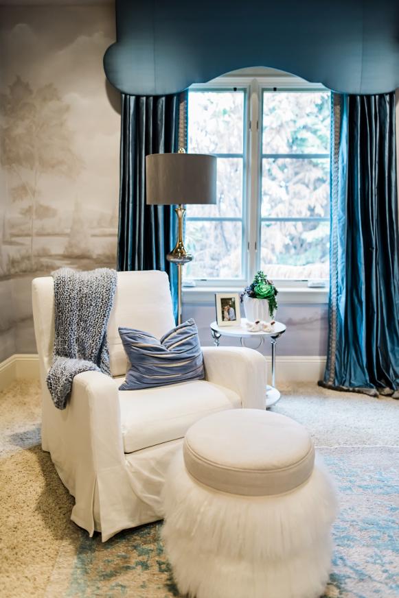 Gray and Neutral Nursery With White Armchair and Teal Curtains