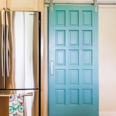 Turquoise Barn Door in Kitchen 