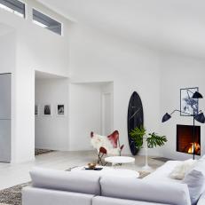 White, Modern Living Room with Fireplace