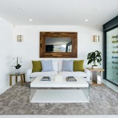 White Malibu Living Room with Cool Wine Cellar