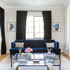 Blue Velvet Sofa in Mid-Century Modern Living Room