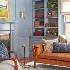 Blue Traditional Library With Leather Sofa