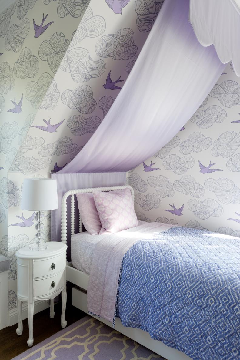 Eclectic Girl's Bedroom With Whimsical Wallpaper