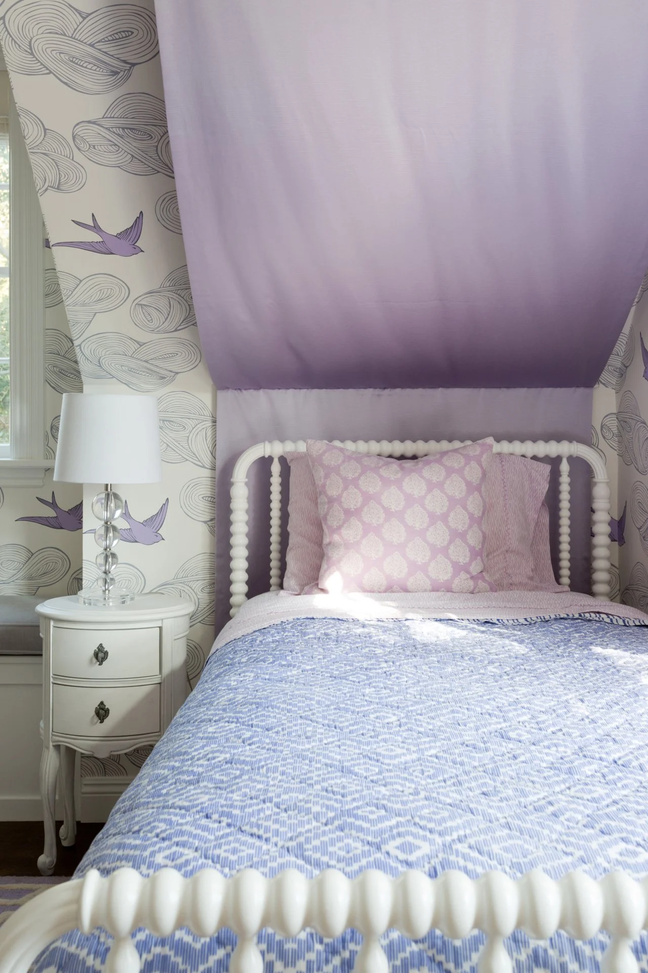 Girl's Purple and White Bedroom With Window Seat | HGTV, image size:1280x1921