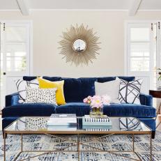 Transitional Living Room With Blue Sofa