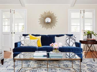 Living Room With Blue Velvet Sofa
