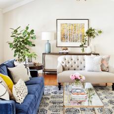 Blue and White Transitional Living Room With Velvet Sofa