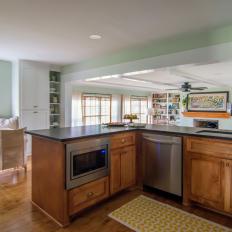 Green Contemporary Kitchen with Stained Wood Cabinets