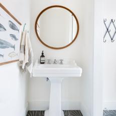 White Powder Room With Gray Floor