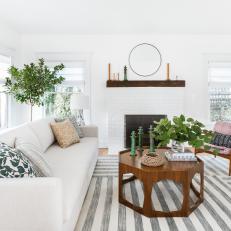 White Transitional Living Room With Striped Rug