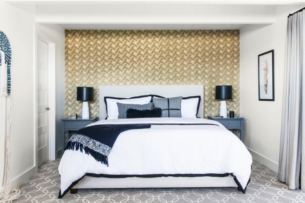 Contemporary Master Bedroom With Geometric Wallpaper