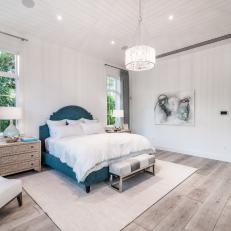 White Transitional Bedroom With Blue Bed