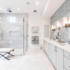 Gray and White Spa Bathroom With Glass Shower