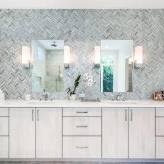 Double Vanity Bathroom With Herringbone Pattern