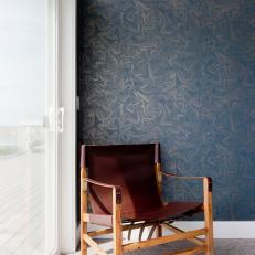 Contemporary, Navy Bedroom With Brown Leather Chair
