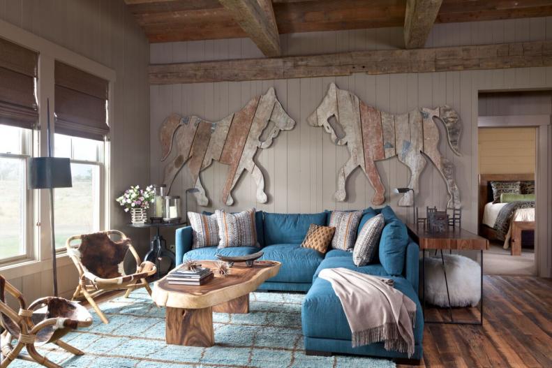 Rustic Living Room With Denim Sectional 