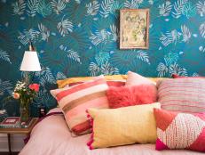 Eclectic Master Bedroom With Blue, Jungle Leaf Wallpaper