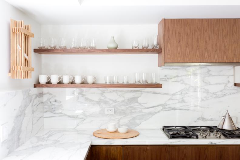 White, Contemporary Kitchen With Open Shelving
