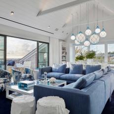 Blue and White Coastal Living Room With Sectional