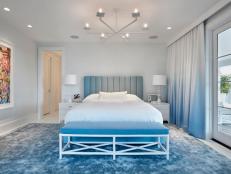 Contemporary Blue and White Bedroom With Bench