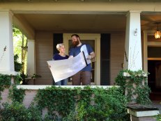 As seen on Home Town, Ben and Erin Napier (C) stand on the front porch of the Hayes residence and discuss the demolition plans for the house. (demolition)