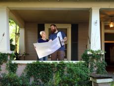 As seen on Home Town, Ben and Erin Napier (C) stand on the front porch of the Hayes residence and discuss the demolition plans for the house. (demolition)