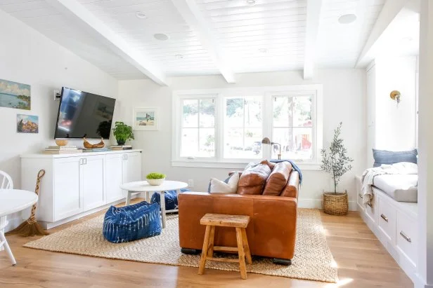 Cottage White Living Room With Leather Sofa