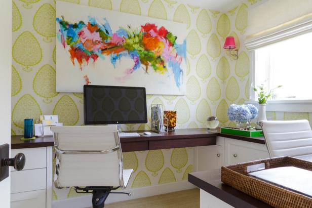 Home Office With White and Lime Green Wallpaper