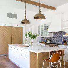 Kitchen Island with White Oak Planks and Brass Legs