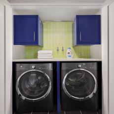 Laundry Room With Blue Cabinets