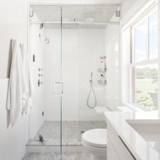 Master Bathroom Shower With Gray Mosaic Tiles
