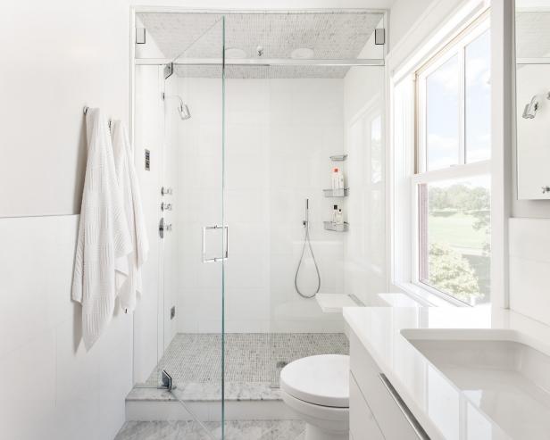 Glass Shower With Gray Mosaic Tiles