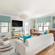 White Transitional Living Room With Blue Shades