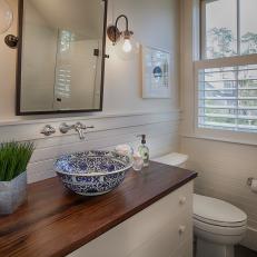 Blue and White Toile Vessel Sink in Neutral Master Bathroom