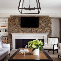 Stone Fireplace Surrounds Adds Focal Point to Farmhouse Living Room
