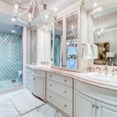 Gray Transitional Master Bath with Chandelier