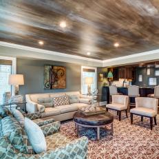 Transitional Game Room and Bar with Metallic Ceiling