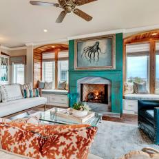 Transitional Living Room with Orange and Turquoise Accents