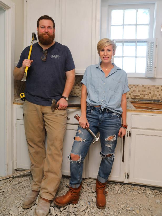 As seen on Home Town, Ben (L) and Erin Napier (C) stand in the Carson family residence's kitchen after completely removing the 3 inch concrete countertop from the existing cabinets without damaging the wood cabinets. (demolition, portrait)