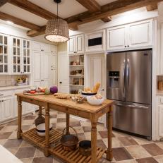 Neutral French Country Kitchen with Reclaimed Wood Beams