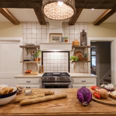 Neutral French Country Kitchen with White Oak Prep Table 