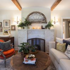 Neutral French Country Living Room with Reclaimed Wood Beams