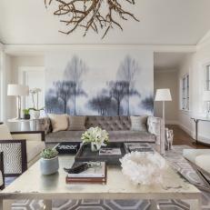 Gray Art Deco Living Room With Tree Wallpaper
