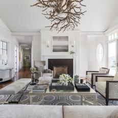 Gray Transitional Living Room With Graphic Rug