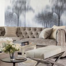 Silver Art Deco Living Room With Tree Mural