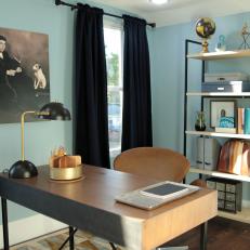 Contemporary Blue Home Office with Neutral Wooden Desk